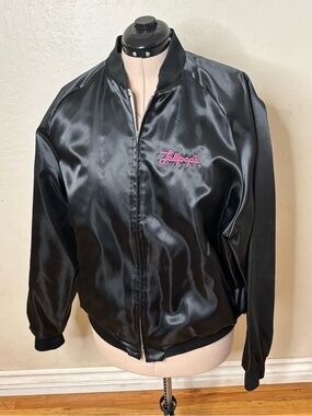 Vintage 1980s Lollipop club employee Black Satin Bomber Jacket with Pink Logo